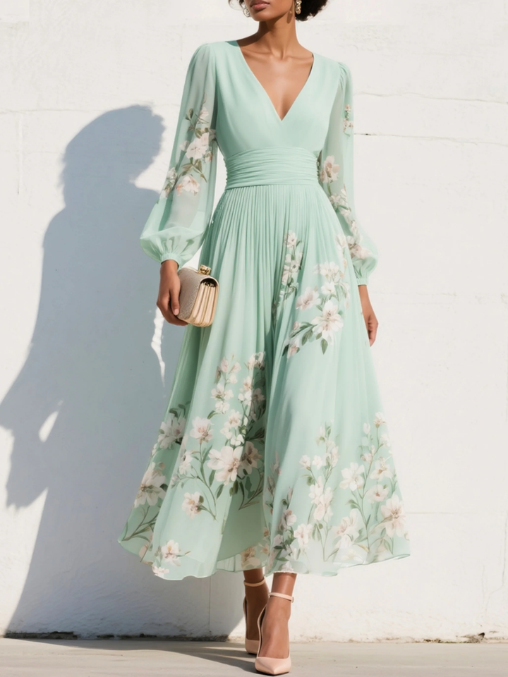 Menta - Vestido Maxi Plissê em Chiffon Verde Menta com Estampa Floral para Mulher