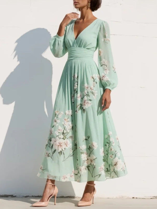 Menta - Vestido Maxi Plissê em Chiffon Verde Menta com Estampa Floral para Mulher