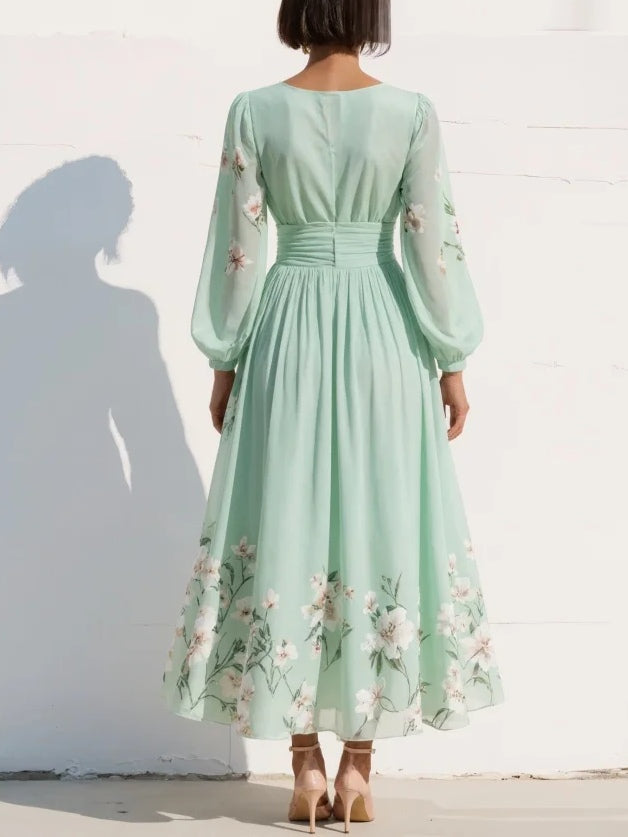 Menta - Vestido Maxi Plissê em Chiffon Verde Menta com Estampa Floral para Mulher