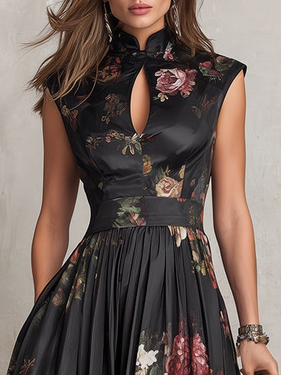 Dunora - Vestido Midi de Cetim Plissado Floral com Gola para Mulher
