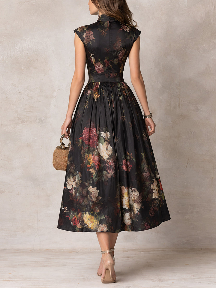 Dunora - Vestido Midi de Cetim Plissado Floral com Gola para Mulher