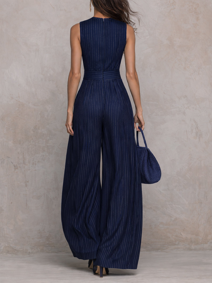 Olga - Conjunto Largo com Decote em Forma de Olho de Fechadura em Azul Escuro Listrado para Mulher