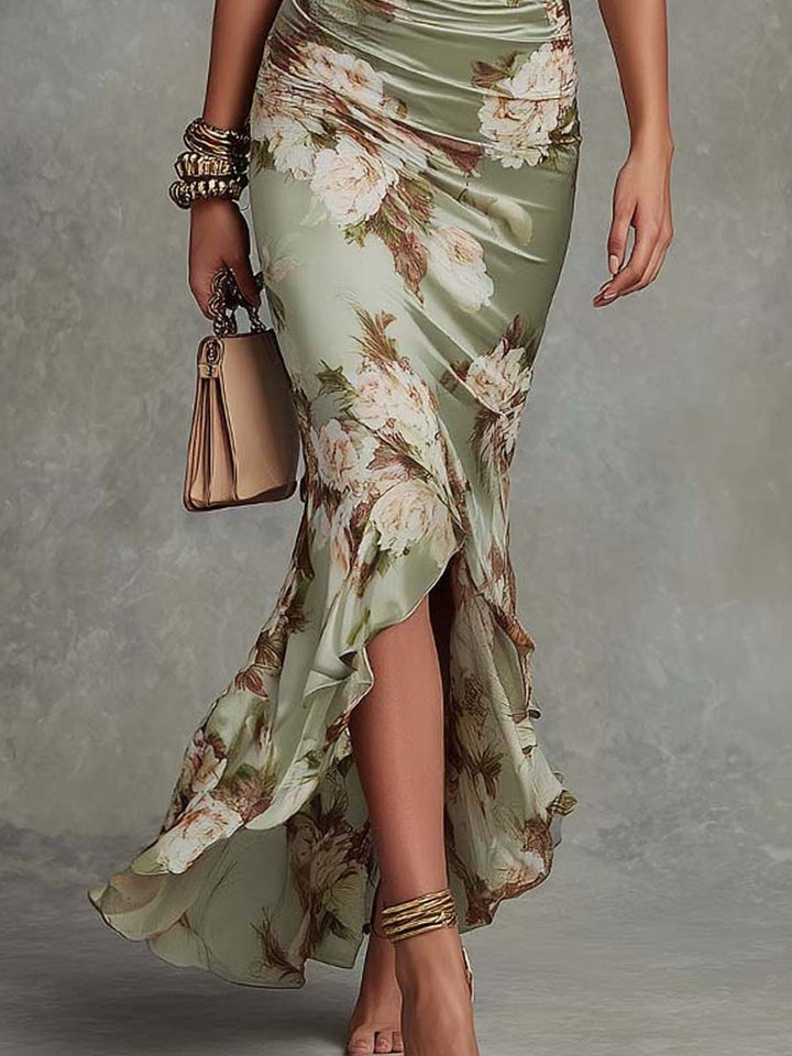Anastasia | Vestido Longo em Cetim com Estampa Floral para Mulher