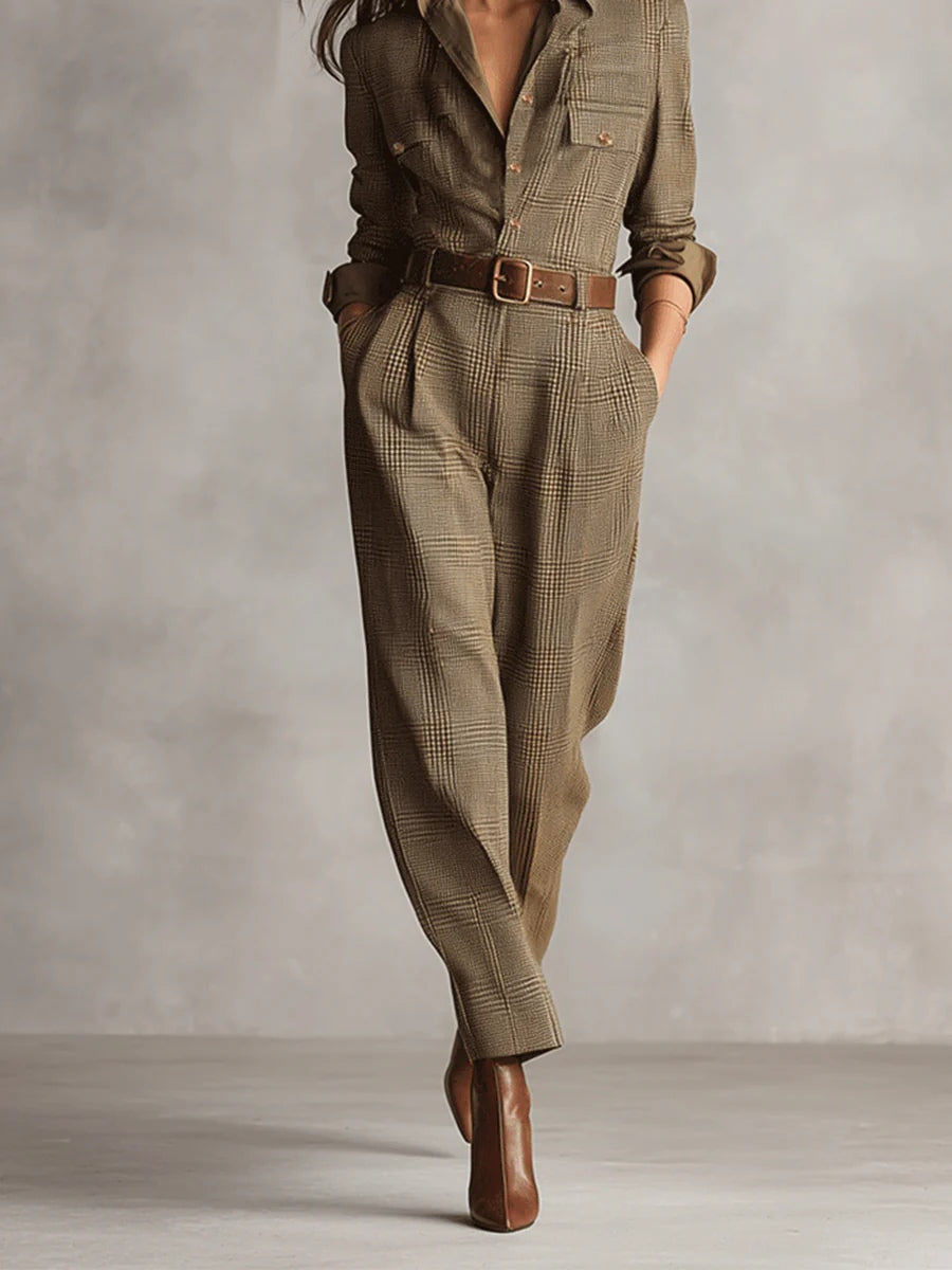 Zoë | Macacão utilitário xadrez com textura tweed refinada