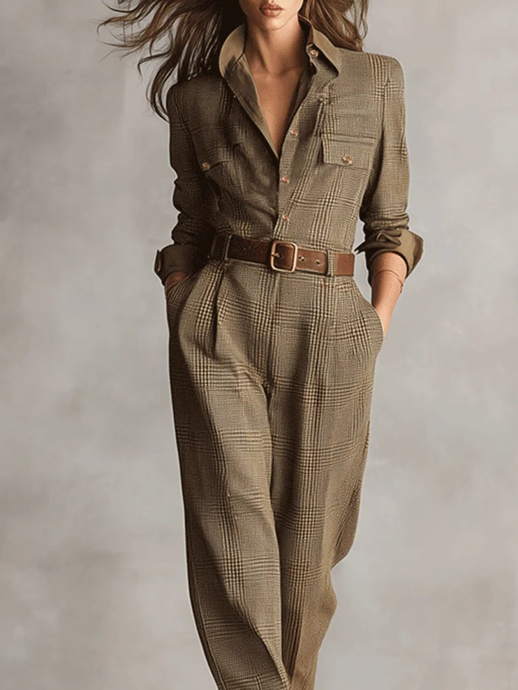 Zoë | Macacão utilitário xadrez com textura tweed refinada