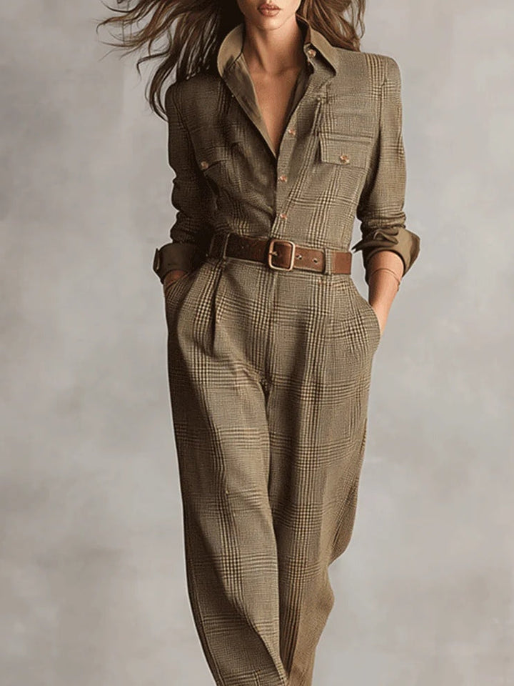 Zoë | Macacão utilitário xadrez com textura tweed refinada
