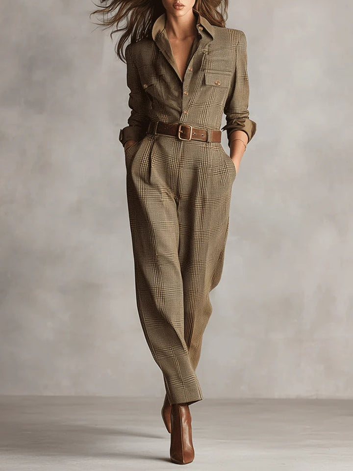 Zoë | Macacão utilitário xadrez com textura tweed refinada