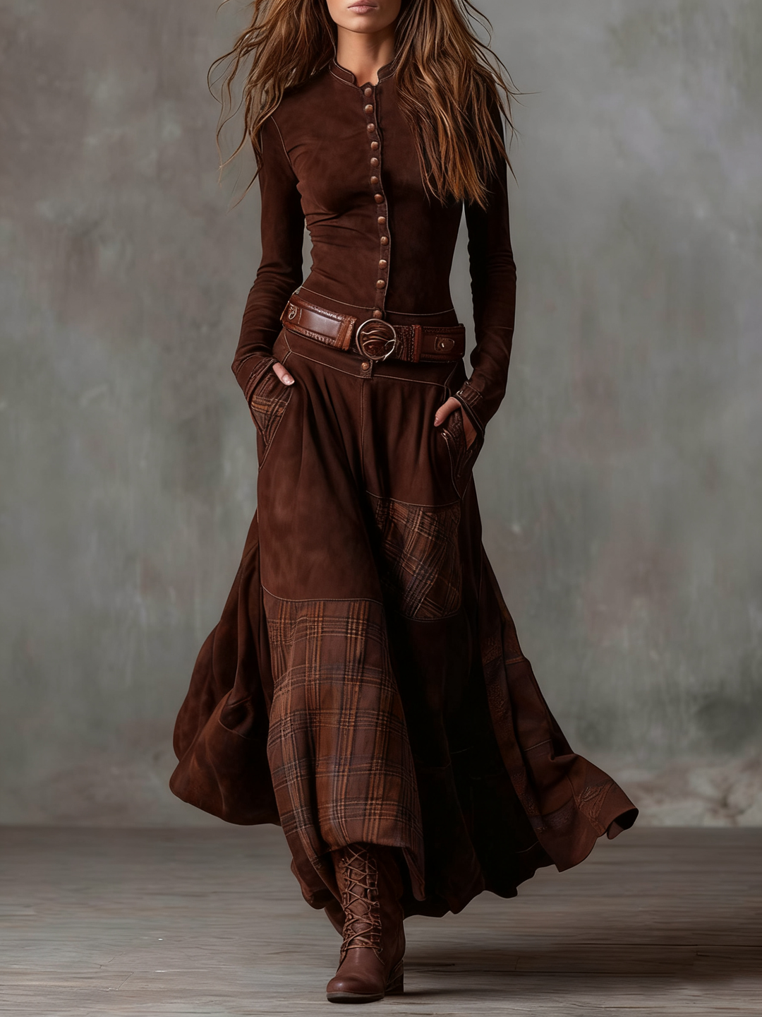 Azucena - Vestido maxi de camurça com cinto