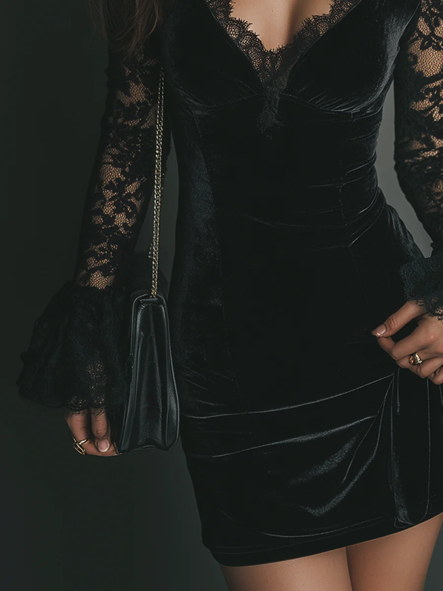Lunori™ | Vestido mini em veludo e renda Luna