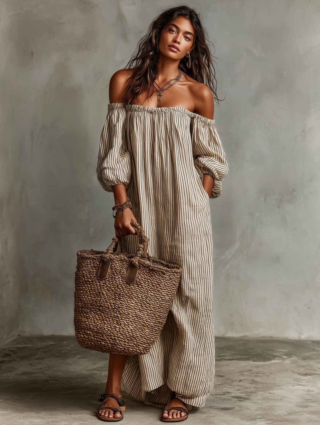 Carmen | Vestido longo de algodão e linho com ombros descobertos para Mulher