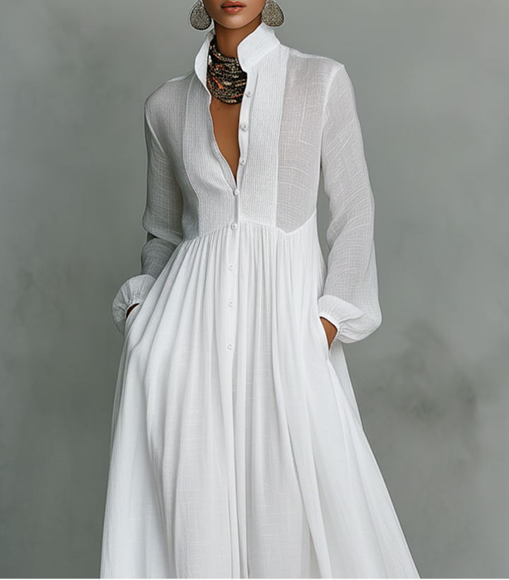Elisa - Maxi Minimalista em Algodão e Linho com Patchwork, Gola Alta e Mangas Longas