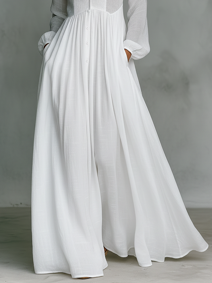 Elisa - Maxi Minimalista em Algodão e Linho com Patchwork, Gola Alta e Mangas Longas