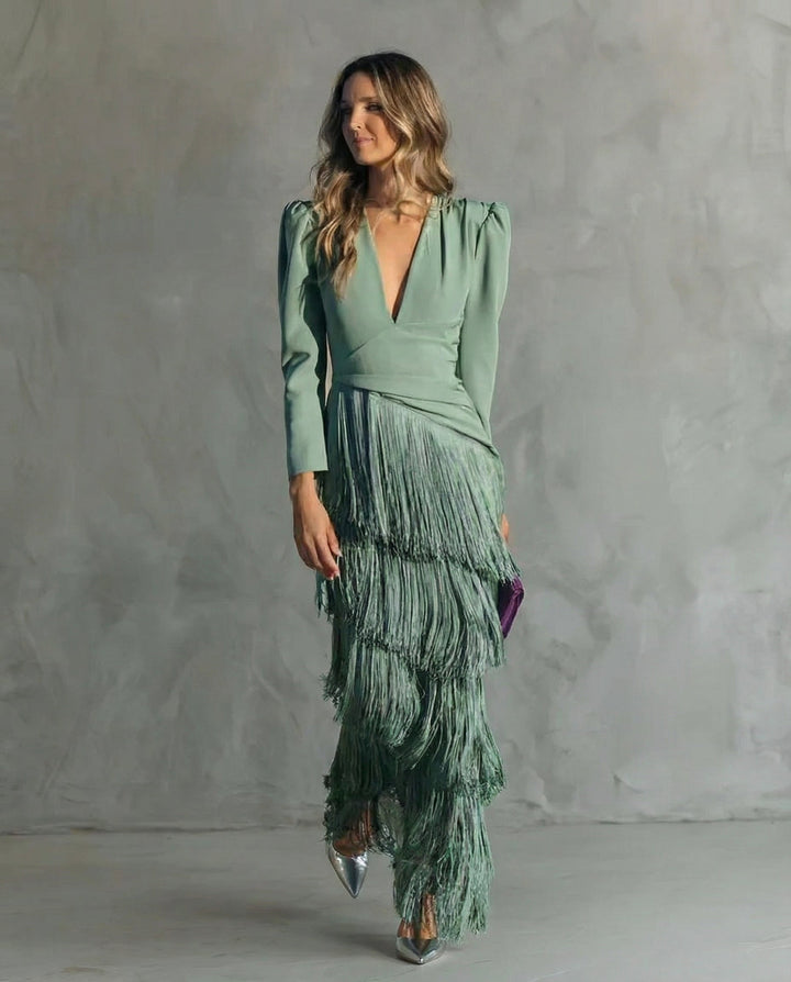 Elena | Vestido Midi con Mangas Flecos