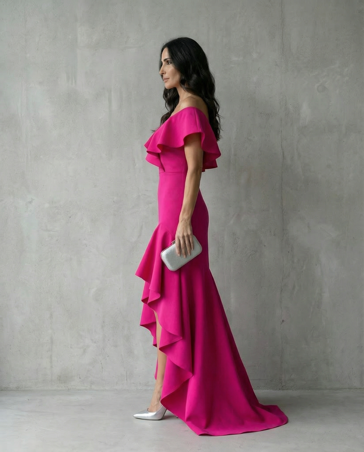 Isabel · Vestido elegante de Mulher com volantes e decote em V