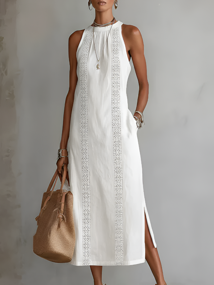 Jimena | Vestido midi de linho com colarinho mao para Mulher