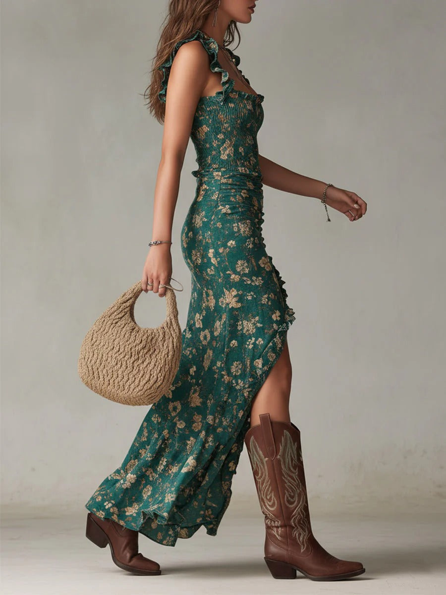 Zara | Vestido maxi boho retro com mangas fluidas e abertura lateral para Mulher