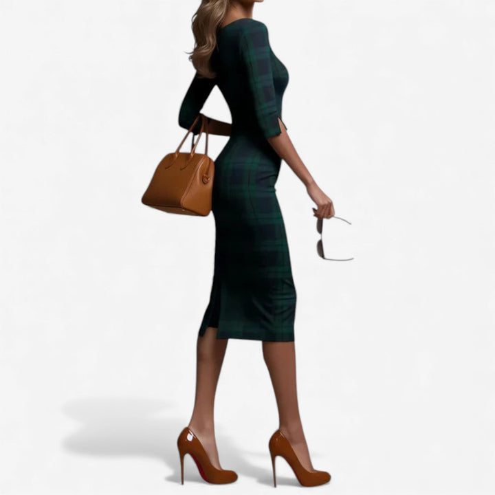 Madina™ – Vestido Midi Elegante em Xadrez para Senhora