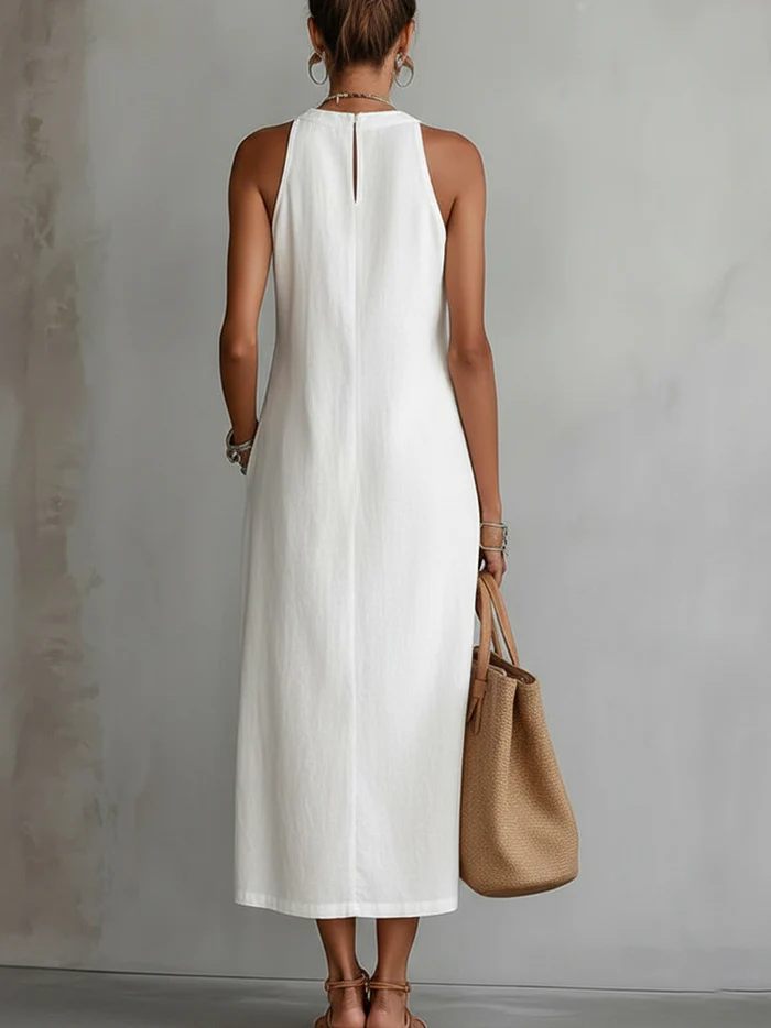 Jimena | Vestido midi de linho com colarinho mao para Mulher