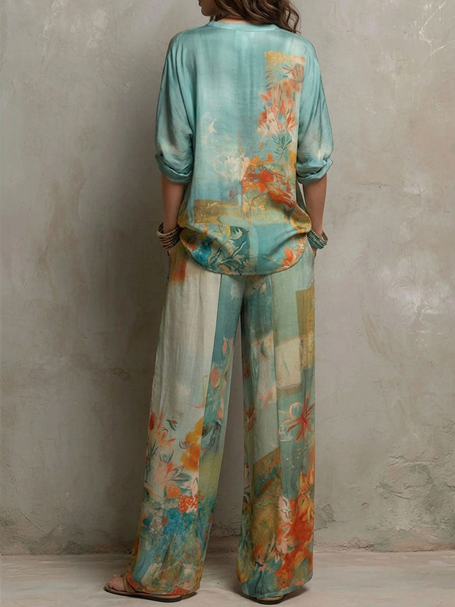 Chiara | Conjunto elegante com estampa floral e calças largas para Mulher