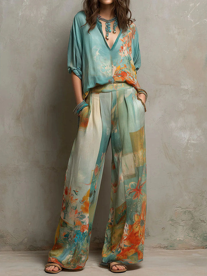 Chiara | Conjunto elegante com estampa floral e calças largas para Mulher