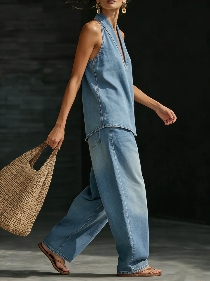Mary | Conjunto de Denim Minimalista Confortável em Duas Peças para Mulher