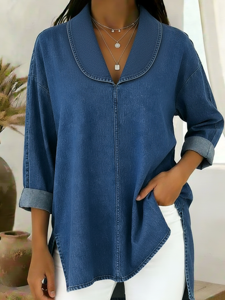 Denim - Top Retro com Colarinho de Chal