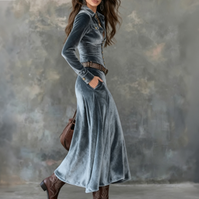 Naria | Vestido maxi de veludo para senhoras com mangas longas