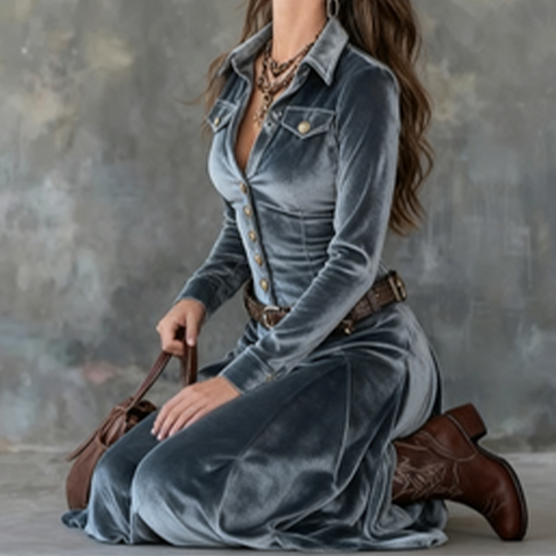 Naria | Vestido maxi de veludo para senhoras com mangas longas